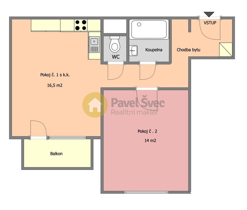 Pronájem 2+kk, 41 m2, balkon/sklep, sídliště Mír, Strakonice