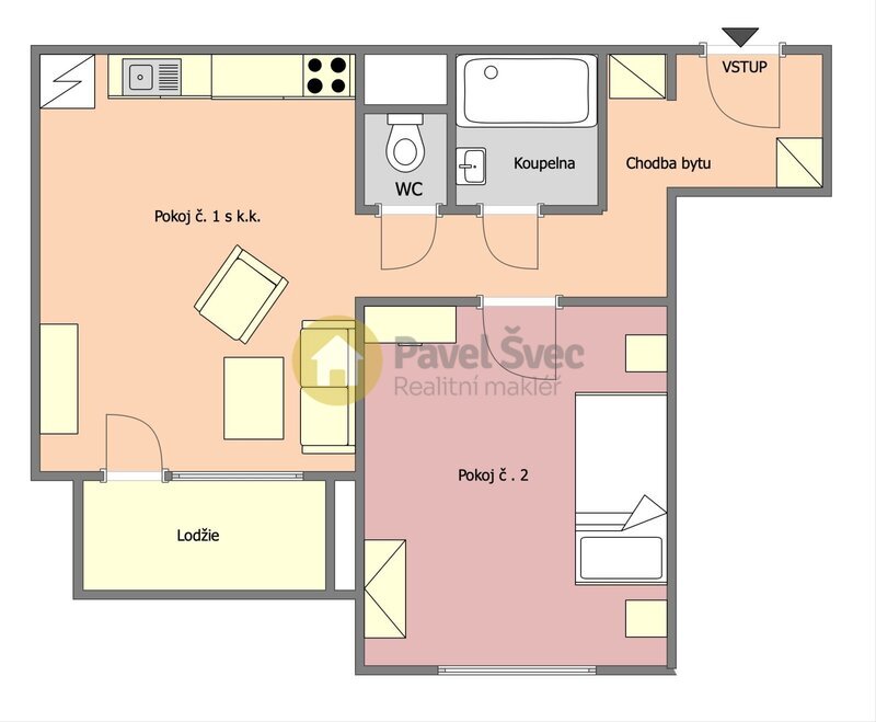 Prodej bytu 2+kk, 44 m2, lodžie/sklep, sídliště Mír, Strakonice